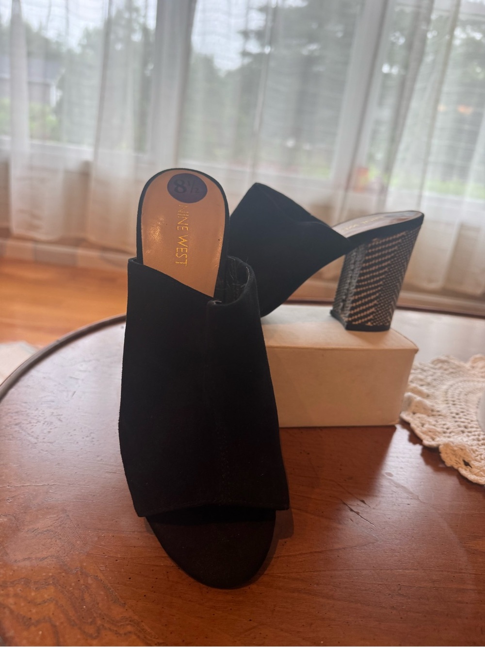 Nine West Black Open-Toe Suede Block Heel Mules